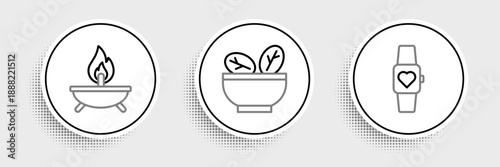 Set line Smart watch, Aroma candle and Salad in bowl icon. Vector