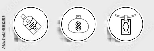 Set line Money laundering, Whiskey bottle and bag icon. Vector