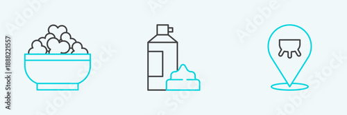 Set line Udder, Cottage cheese and Whipped cream in bottle icon. Vector