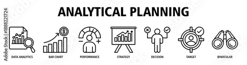 Analytical Planning web banner icon vector illustration concept with icons of data analytics, chart analysis, performance metrics, strategic insight, informed decisions, and target planning.