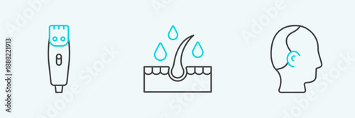 Set line Baldness, Hair clipper and Oil for hair care treatment icon. Vector