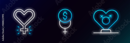 Set line Gender, Feminism and finance icon. Glowing neon. Vector