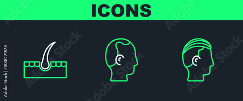 Set line Hairstyle for men, Human hair follicle and Baldness icon. Vector