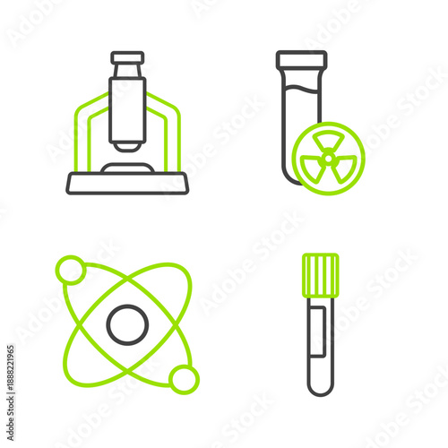 Set line Test tube, Atom, with toxic liquid and Microscope icon. Vector