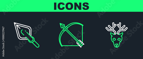 Set line Deer head with antlers, Hipster arrow tip and Bow and in quiver icon. Vector