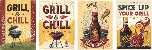 Colorful vintage-style grill and chill posters featuring BBQ imagery.
