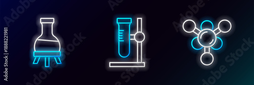 Set line Molecule, Test tube and flask on stand icon. Glowing neon. Vector