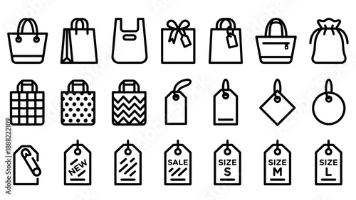 Set of 21 Minimalist Vector Icons Featuring Shopping Bags and Clothing Price Tags in a Consistent Line Art Style, Including Tote Bags, Gift Bags, Retail Labels, Sale Tags, and Size Indicators.
