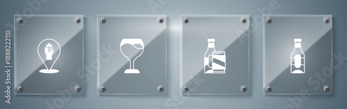 Set Beer bottle, and beer can, Wine glass and Alcohol or bar location. Square glass panels. Vector