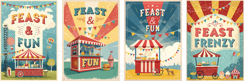 Colorful vintage-style illustrations promoting Feast & Fun events.