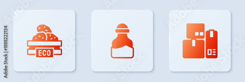 Set Spice in can, Wooden box for fruits and Cash register machine. White square button. Vector