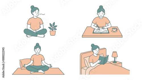 Vector Illustration Set of a Woman Practicing Mindfulness and Self-Care Routines Including Meditation, Journaling at a Desk, Yoga on a Mat, and Reading in Bed for Mental Health and Wellness