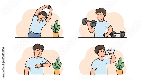 Vector Illustration Set of a Man's Daily Fitness Routine Featuring Stretching, Weightlifting with Dumbbells, Checking Smartwatch Activity, and Hydrating with Water in a Simple Outline Style.