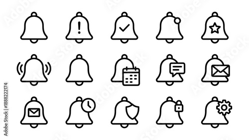 Set of 15 Notification and Alert Bell Line Icons in a Minimalist Vector Style. Collection Includes Symbols for Reminders, Messages, Security, Settings, Calendar, and Status Updates for UI UX Design