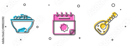 Set Date fruit in bowl, Ramadan calendar and Lute icon. Vector