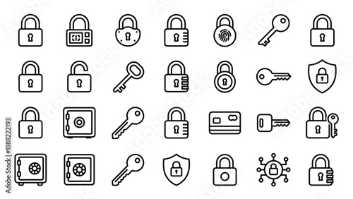Collection of minimalist security line icons featuring various padlocks, keys, safes, credit cards, and shields. Ideal for web design, mobile apps, cyber security, and data protection concepts.