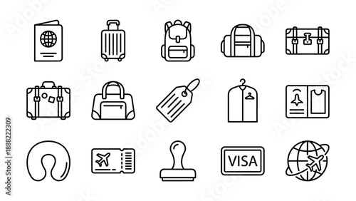 Minimalist Line Art Travel and Luggage Icon Set Featuring Passport, Suitcases, Backpack, Duffel Bag, Boarding Pass, Visa, and Globe for Tourism, Vacation Planning, and Journey Illustration