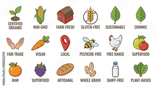 Organic Food Label Icons and Badges Set featuring Vegan, Non-GMO, Gluten-Free, and Sustainable Designs. Modern Isometric Vector Illustrations for Healthy Eating, Eco-Friendly, and Natural Products.