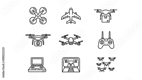 Professional Set of 9 Drone Technology Line Art Icons featuring Quadcopters, Delivery Drones with Packages, Camera Drones, Remote Controllers, and Swarm Formations for Logistics and Tech Design.