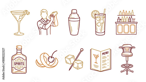 Collection of 10 minimalist line art cocktail bar icons featuring a bartender, shaker, martini glass, spirits bottle, bar stool, menu, and garnishes, ideal for restaurant branding and menu design.