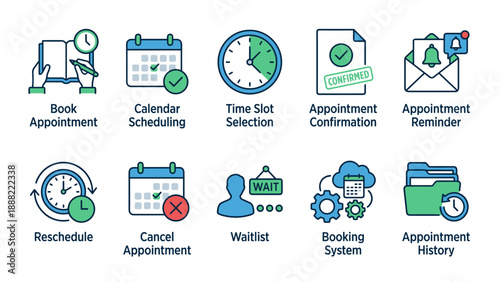 Set of 10 Appointment Booking and Scheduling Icons Featuring Calendar Management, Time Slot Selection, Confirmation, Reminders, Rescheduling, Cancellation, Waitlist, and Booking System History.