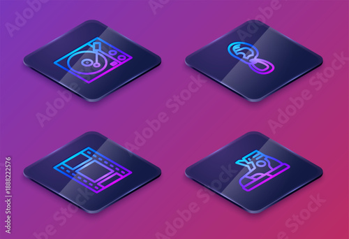 Wallpaper Mural Set Isometric line Vinyl player, Play Video, Ear with earring and Sport sneakers. Blue square button. Vector Torontodigital.ca