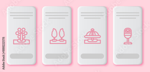 Set line Ferris wheel, Forest, Attraction carousel and Trash can. White rectangle button. Vector