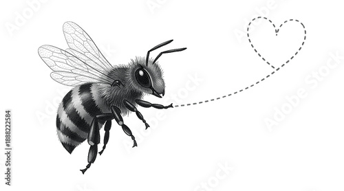 Charming sketch of a busy bee flying and creating a beautiful heart trail. A bee flying towards a dotted heart, a symbol of love and nature