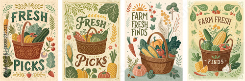 Colorful vintage-style illustrations of fresh produce in woven baskets.