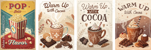 Cozy illustrations of cocoa and popcorn, evoking warmth and comfort.
