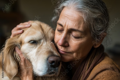Mujer mayor compartiendo un momento tierno y emotivo con su perro Golden Retriever.