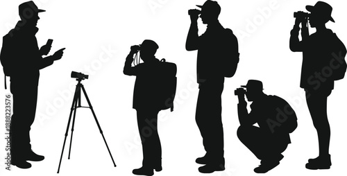 Photographer silhouettes with camera and tripod, outdoor travel photography concept, professional shooting poses, explorer people isolated white background
