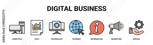 Digital Business web banner icon vector illustration concept with icons of computer, data, technology, internet, information, marketing, and service.