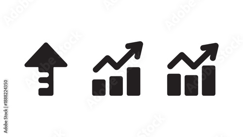 Three black icons symbolizing growth, progress, and upward trends in business and finance.