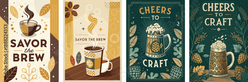Four artistic illustrations celebrating coffee and craft beverages with warm colors.