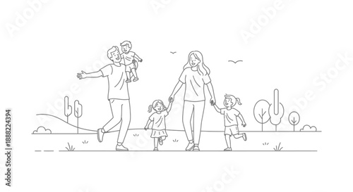 happy family walking together in the park enjoying outdoor activity with parents and children for lifestyle and parenting content