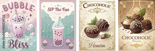 Four delightful dessert-themed illustrations evoking sweetness and indulgence.