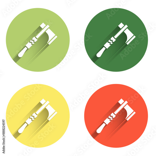 Set Native american tomahawk axe icon isolated with long shadow background. Color circle button. Vector