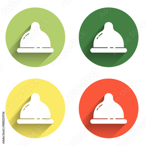 Set Condom safe sex icon isolated with long shadow background. Safe love symbol. Contraceptive method for male. Color circle button. Vector