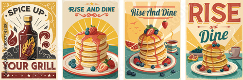 Four retro food-themed illustrations featuring grilling sauce and pancakes.