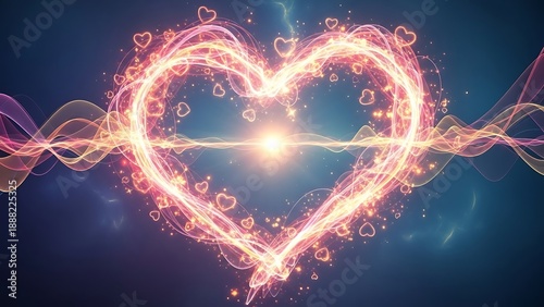 Glowing heart shape made of luminous energy lines and particles against a dark, cosmic background with ethereal light waves, symbolizing intense love and passion.