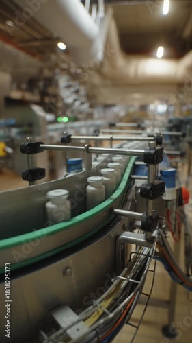 Bottling conveyor line with plastic containers in industrial factory