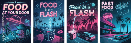 Vibrant neon illustrations highlighting fast food delivery services.