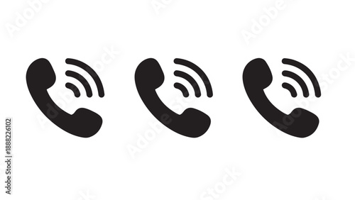 Three black phone icons with sound waves on a white background, symbolizing communication and connectivity.