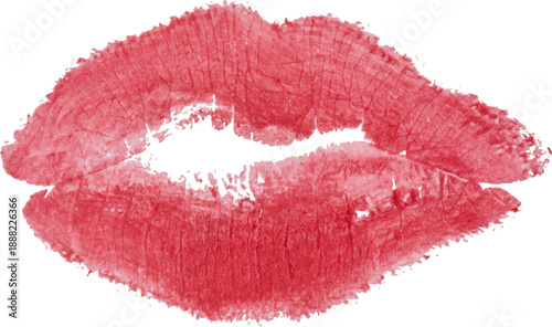 Textured imprint of female lips with bright pink lipstick, detailed skin microrelief