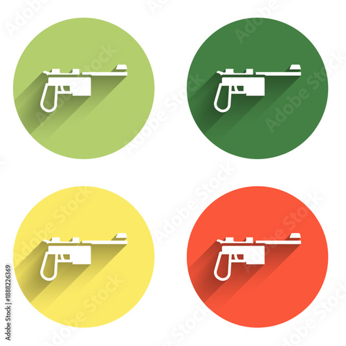 Set Mauser gun icon isolated with long shadow background. Mauser C96 is a semi-automatic pistol. Color circle button. Vector
