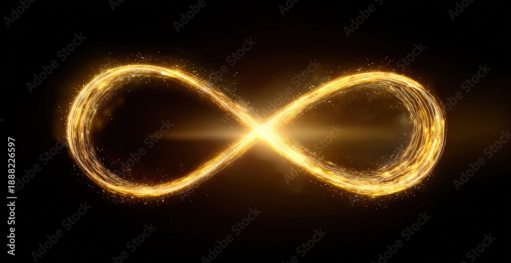 Naklejka premium Glowing golden infinity symbol on black background