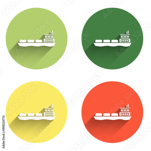 Set Oil tanker ship icon isolated with long shadow background. Color circle button. Vector