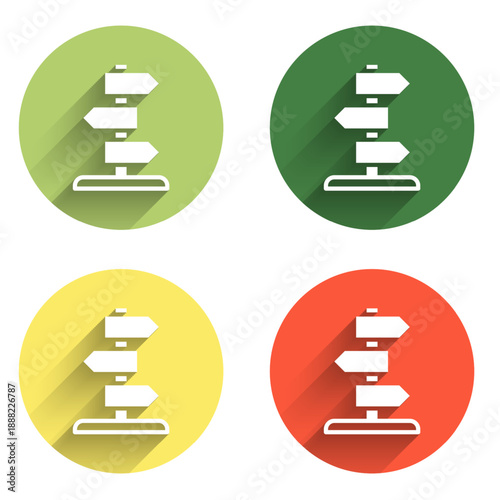 Set Road traffic sign. Signpost icon isolated with long shadow background. Pointer symbol. Isolated street information sign. Direction sign. Color circle button. Vector