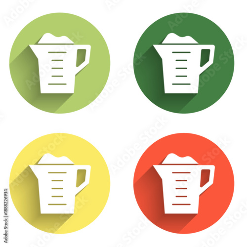 Set Washing powder in a measuring cup icon isolated with long shadow background. Color circle button. Vector
